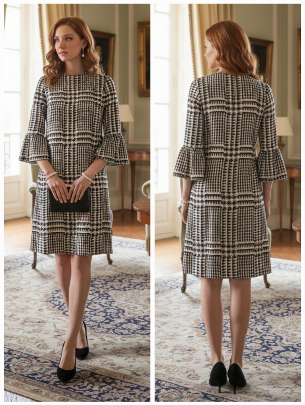 Suzy Shier M Old Money Contemporary Romantic Feminine Workwear Houndstooth Dress